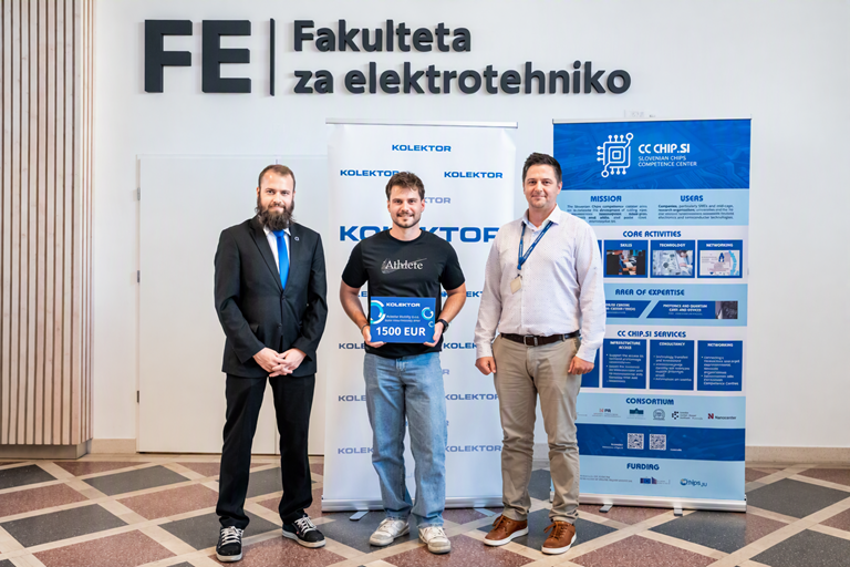 From left: Luka Kavčič from Product Validation, competition winner Tilen Plahuta, and Jaka Ivančič, Deputy Head of Hardware Engineering.