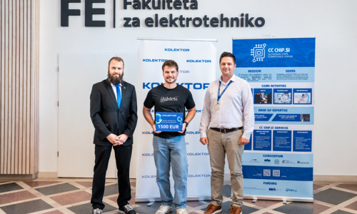 From left: Luka Kavčič from Product Validation, competition winner Tilen Plahuta, and Jaka Ivančič, Deputy Head of Hardware Engineering.